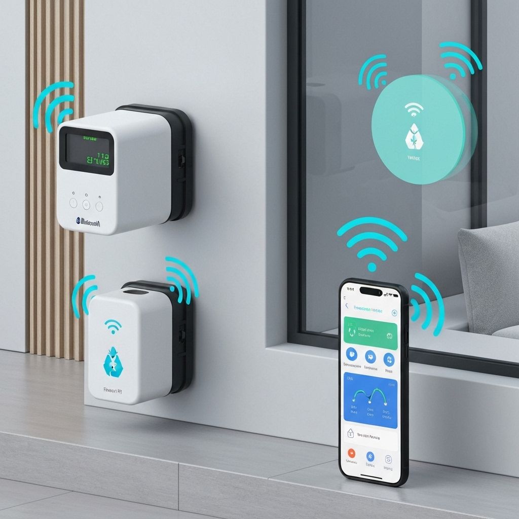Dispositivos medidores IoT com conectividade Bluetooth e WiFi, tecnologia moderna para casa inteligente