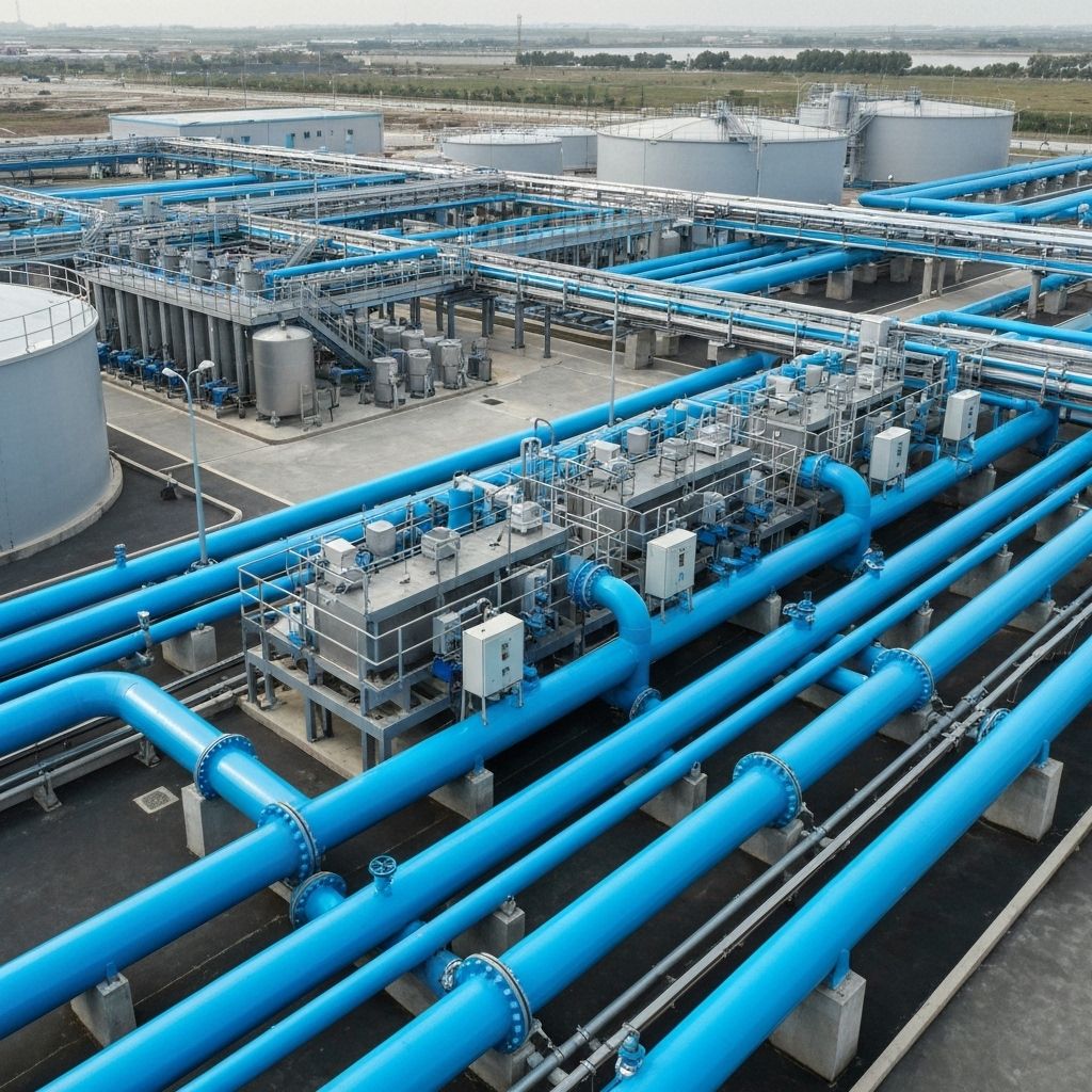 Instalação moderna de tratamento de água com equipamentos tecnológicos e tubulações azuis