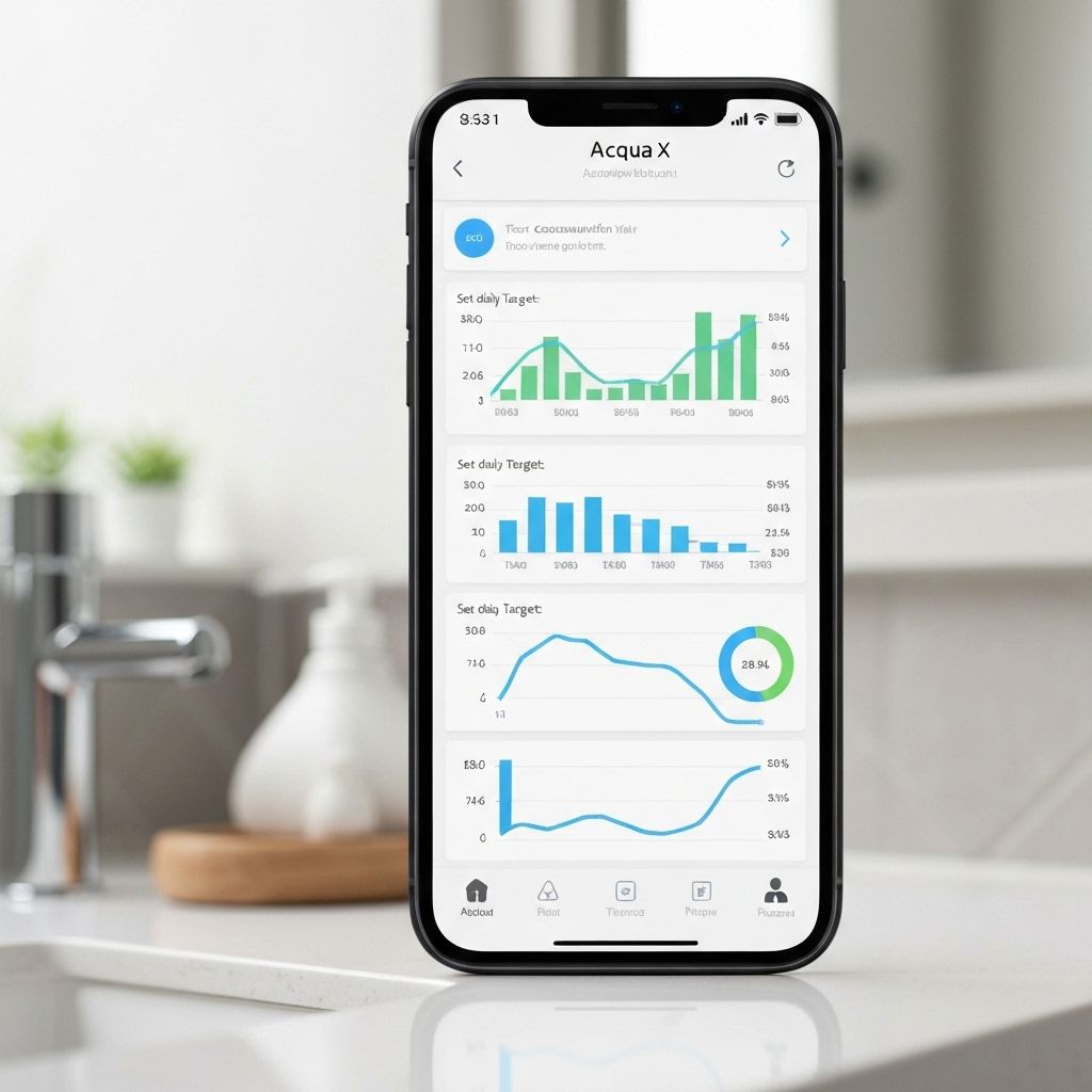 Smartphone mostrando interface do aplicativo Acqua X com gráficos de consumo de água e controles
