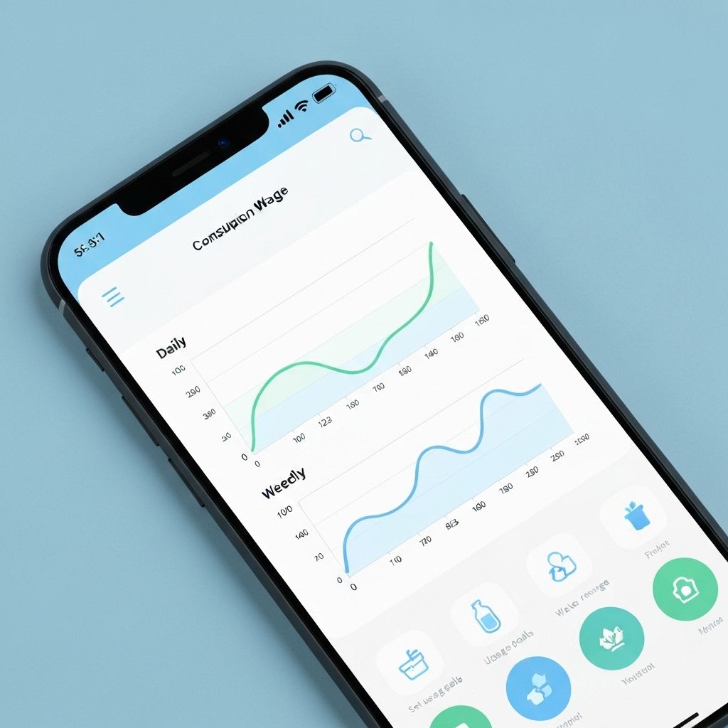 Smartphone mostrando interface do aplicativo de consumo de água com gráficos e dados em tempo real